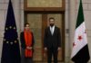 Pace e sfide difficili per la Siria di oggi Ahmad al-Shara e Hadja Lahbib (Commissario europeo per la cooperazione internazionale, gli aiuti umanitari e la risposta alle crisi) © European Union, 2025, CC BY 4.0 , via Wikimedia Commons