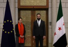 Pace e sfide difficili per la Siria di oggi Ahmad al-Shara e Hadja Lahbib (Commissario europeo per la cooperazione internazionale, gli aiuti umanitari e la risposta alle crisi) © European Union, 2025, CC BY 4.0 , via Wikimedia Commons