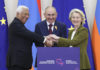 https://newsroom.consilium.europa.eu/permalink/p224832. From left to right: António COSTA (President of the European Council), Nikol PASHINYAN (Prime Minister of Armenia), Ursula VON DER LEYEN (President of the European Commission) Copyright: European Union