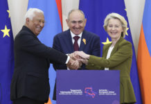 https://newsroom.consilium.europa.eu/permalink/p224832. From left to right: António COSTA (President of the European Council), Nikol PASHINYAN (Prime Minister of Armenia), Ursula VON DER LEYEN (President of the European Commission) Copyright: European Union